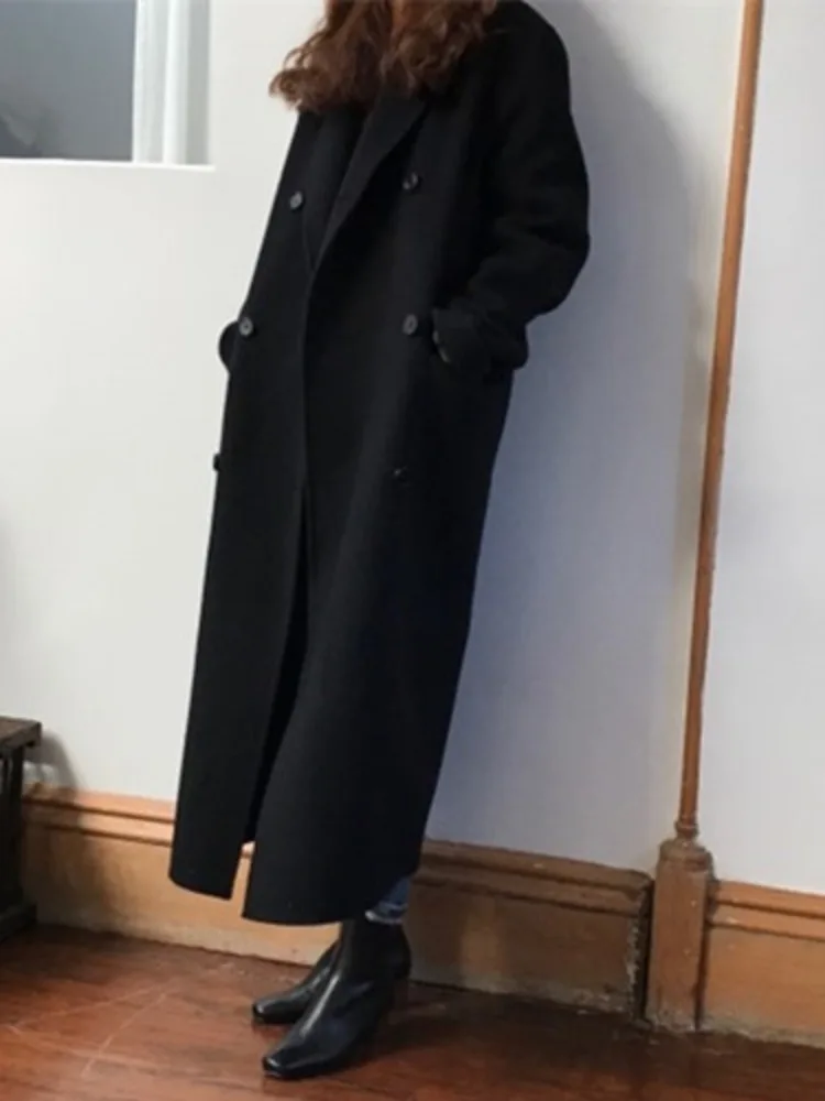 

Retro Briti Sle Long Woolen Coat Chic Autumn Winter Women's Loose Casual Double Breasted Suit Collar Outerwear