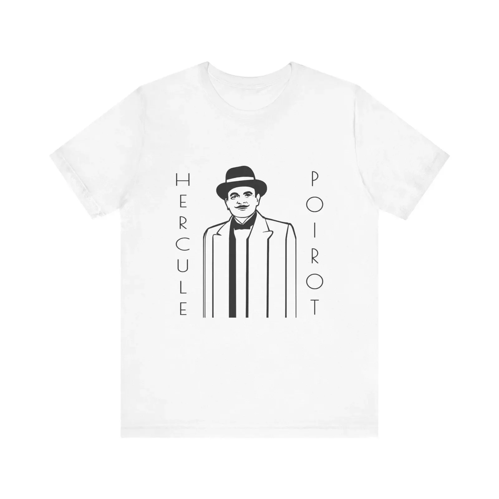 Camiseta minimalista de Bella and Canvas con arte line art de Hercule Poirot, merchandising del detective belga, estilo vintage lavado, ligeramente masculino.