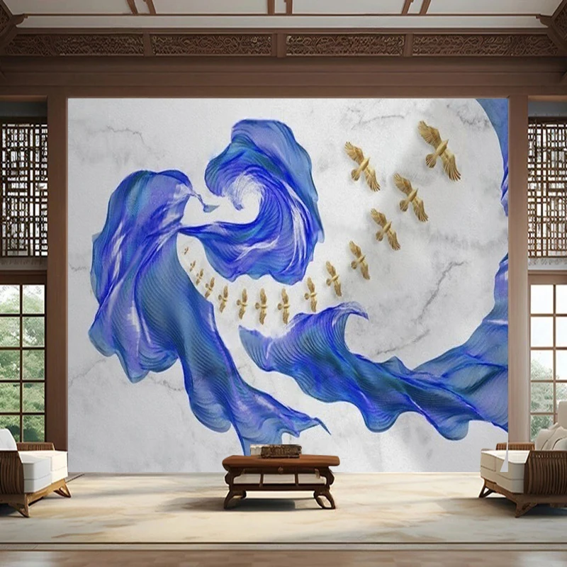 Modern Minimalist Abstract Line Ink-Wash Landscape With Flying Birds Wallpaper Pattern Retro Library Room Poster Wall Sticker