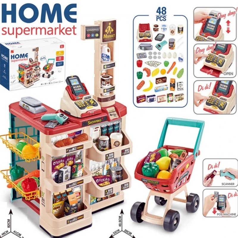 Children's Simulation Supermarket Vending Counter Shopping Cart Combination Set Playhouse Supermarket Scan Cash Register Toy Gif