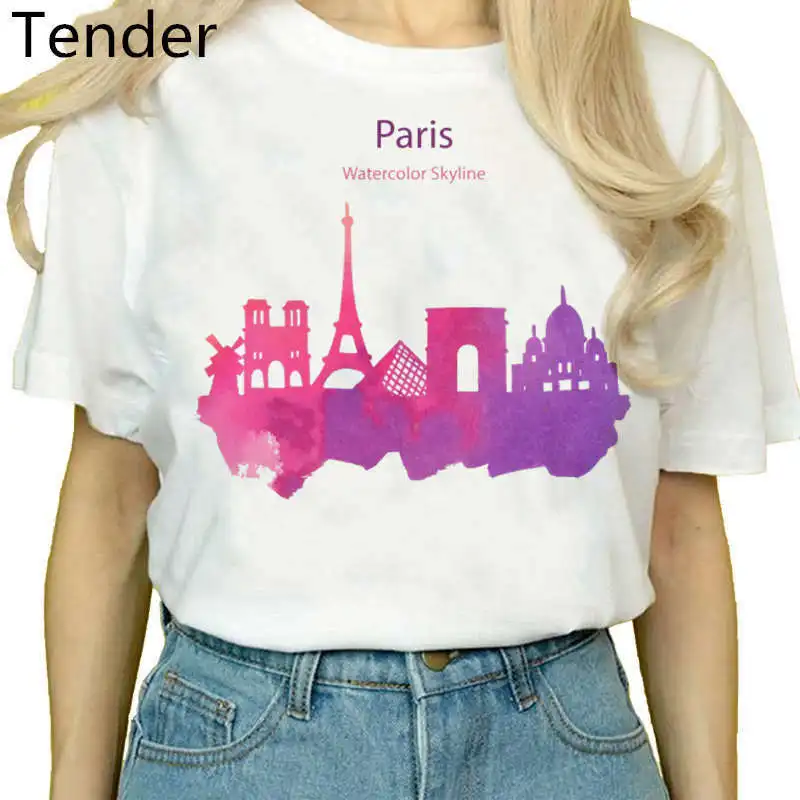 Camiseta de acuarela de la ciudad de Londres para mujer, camisa blanca de manga corta, informal, fresca, Roma, París, Nueva