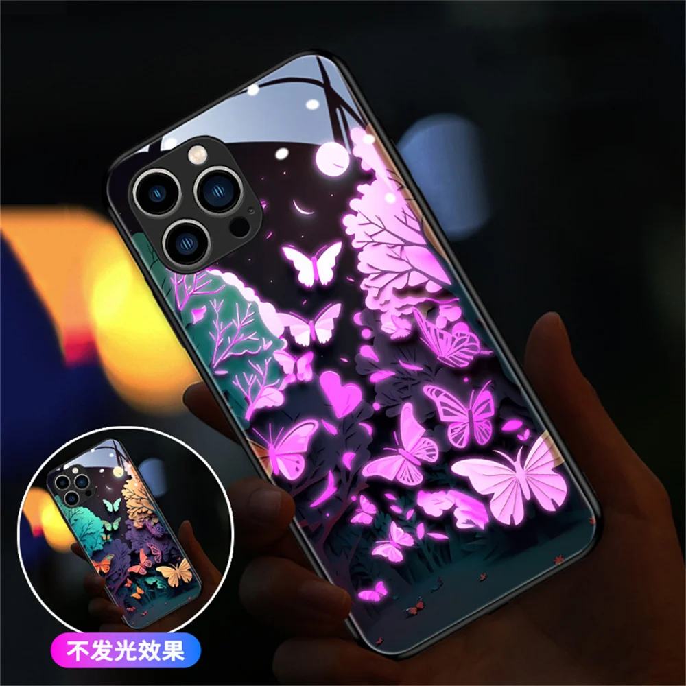 

Butterfly Moonlight Luminous Glass LED Call Light Up Flash Phone Case For Samsung S24 S23 S22 S21 S20 FE Note 10 20 Plus Ultra