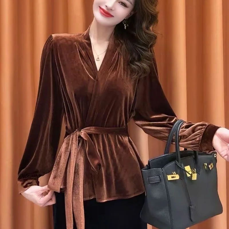 

Velvet Tie Waist Long Sleeve Shirt Women's Slim Fit Shirt Autumn Winter New Style Commute Style Polyester Cotton Blend Thickened