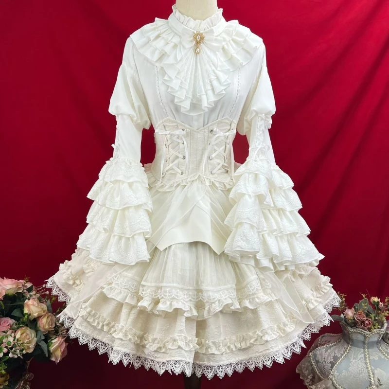 Japanese Gothic Y2k 3 Piece Set Women Retro Lace Ruffle Flare Long Sleeve Bow Shirts Sweet Mini Cake Skirt Elegant Princess Suit image 5