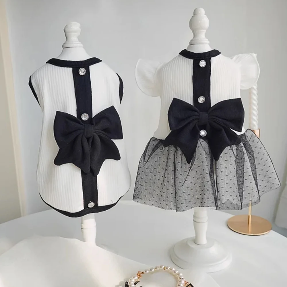 No Hat Summer Fashion Luxury Pet Dog Clothes Black and White Lace Bow Skirt Dog Dresses Teddy For Small Dog Clothing Puppy Vest