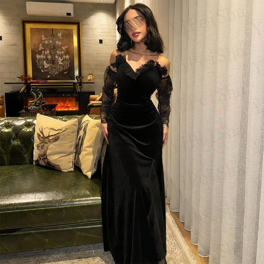 تخصيص أسود ألف خط فساتين لحضور الحفلات الموسيقية الكاحل طول حمالة كم كامل ثوب مسائي أزياء من الدانتل ثنيات Ruched الطرف