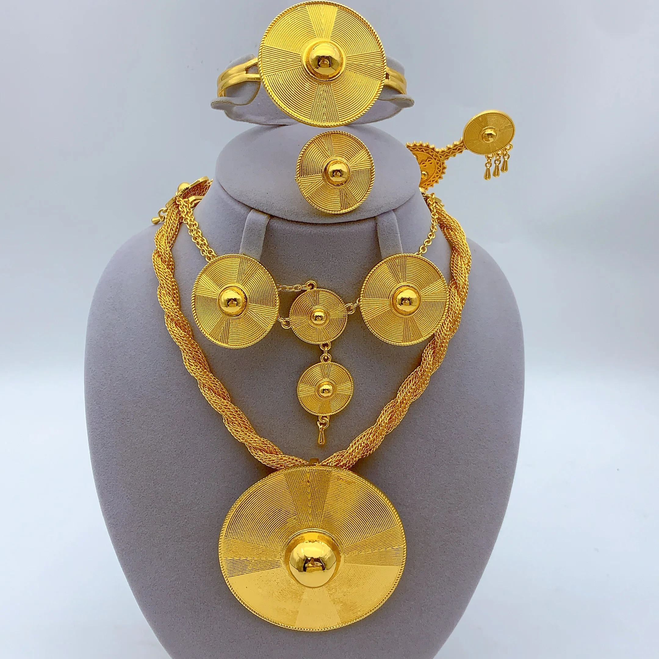 Äthiopische 6-teilige gedrehte Halsketten-Sets für Frauen, Hochzeit, Dubai, vergoldet, afrikanisches Schmuckset, indischer Schmuck, Jubiläumsgeschenke