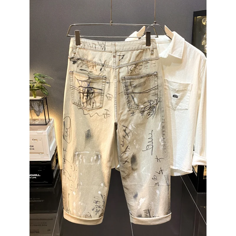 

Street graffiti printed jeans men's autumn and winter new loose straight tube trendy wide leg casual and cool long pants