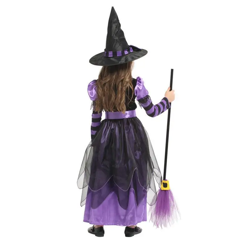 2026 Halloween Holiday Party Fluffy Cute Dress For Children Girl Cosplay Witch Yellow Purple Fluffy 6-piece Costume Suit 2-12T