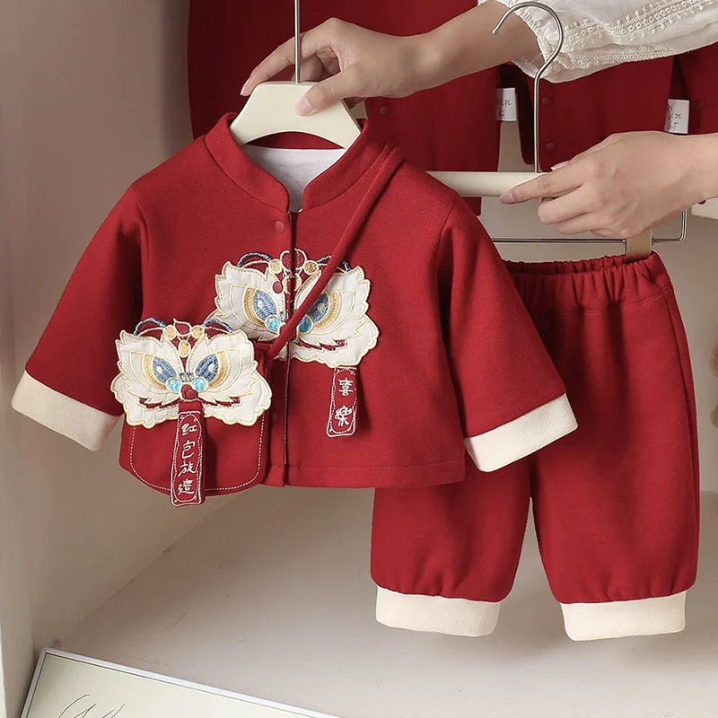 

3Piece Autumn Winter Toddler Boy Girl Outfits Cartoon Cute Chinese Style Red Long Sleeve Tops+Pants+Bag Baby Newborn Items B296
