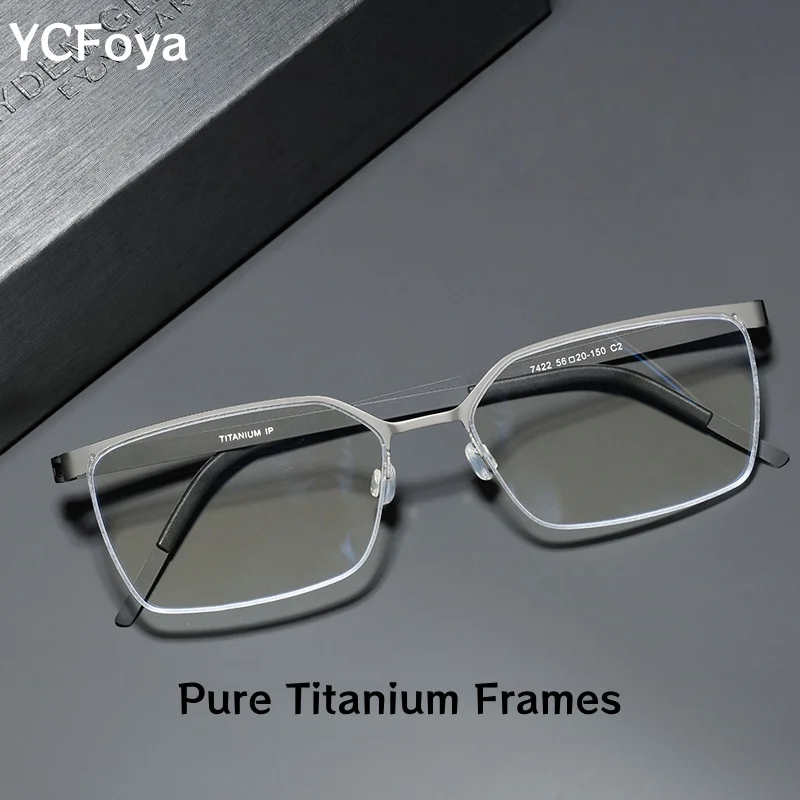 

YCFoya Men's Business Titanium Semi-Framed Eyeglasses Ultra-light Fashion Luxury Optical Prescription Glasses Frame 7422