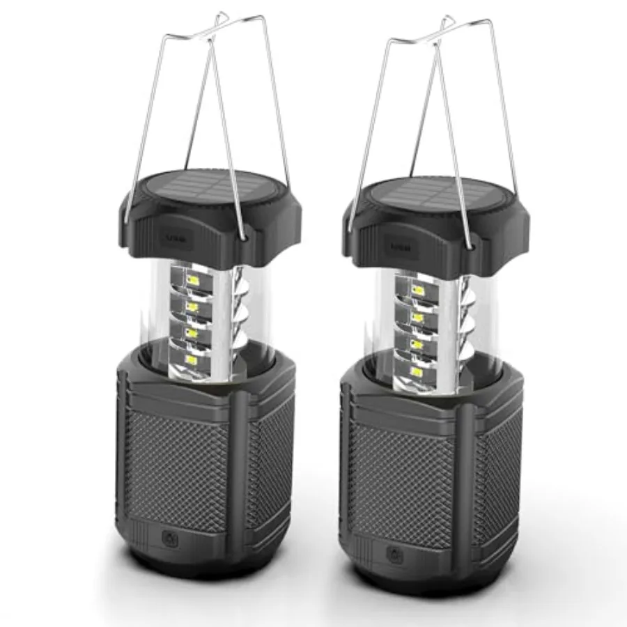 2 Pack Camping Lantern 5000mAh Solar Hand Crank Telescopic LED Flashlight USB Charger for Power Outages, Portable Rechargeable