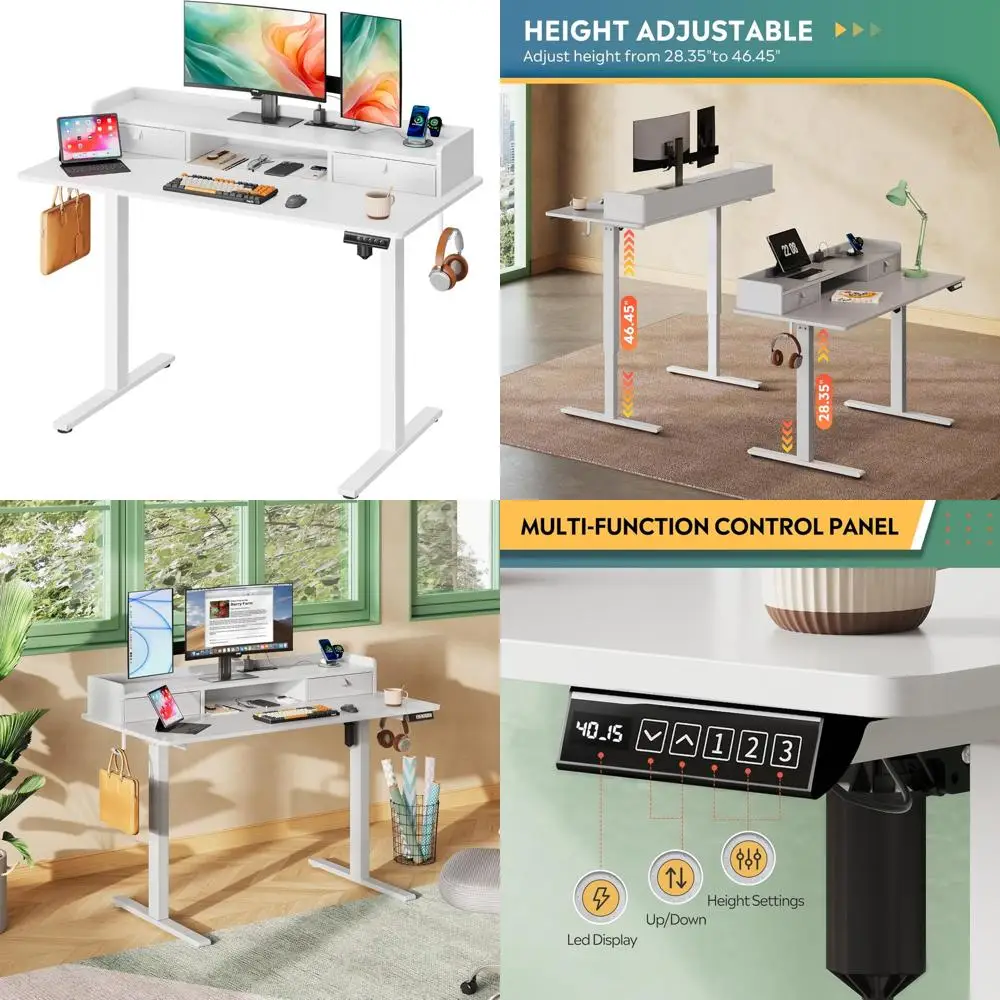 

48x24 Inch Adjustable Standing Desk with Drawers, Height-Adjustable Computer Desk featuring Storage Shelf, Built-in AC and USB P