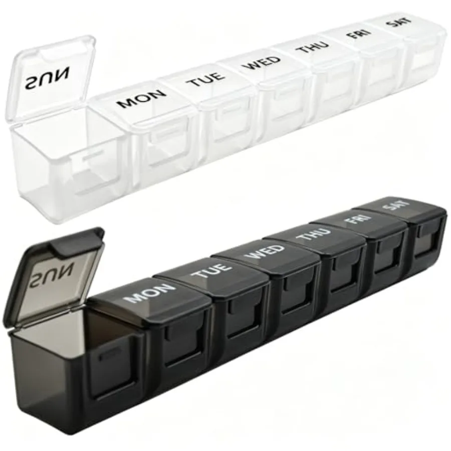 

2 Pack Weekly Pill Organizer, Large 7 Day Pill, Daily tamin Medicine, AM/PM Pill Containers Medicine plements Fis Wite and Blac