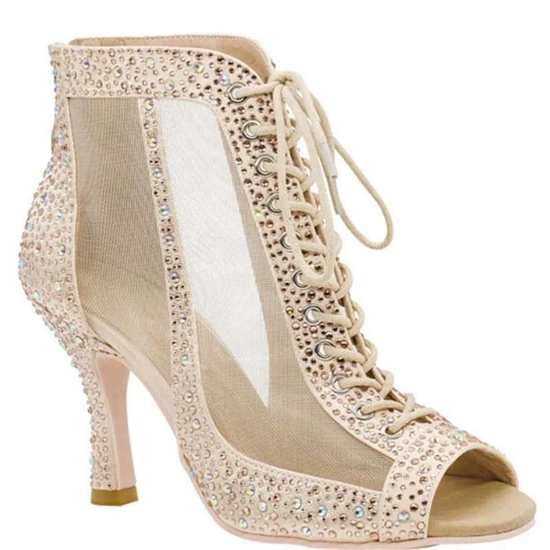 Sapatos de dança salsa alto para mulheres, strass bege, sola macia, sapatos de salão, festa tango, botas de dança latina