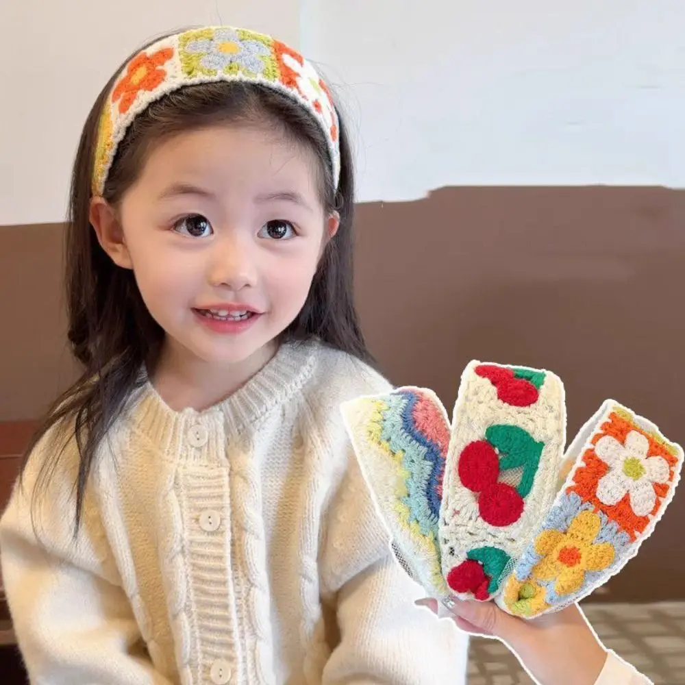 

Винтажная красочная вязаная детская повязка на голову с вышивкой, вязаный крючком широкий обруч для волос, вязаная шерстяная детская повязка для волос в этническом стиле для девочек