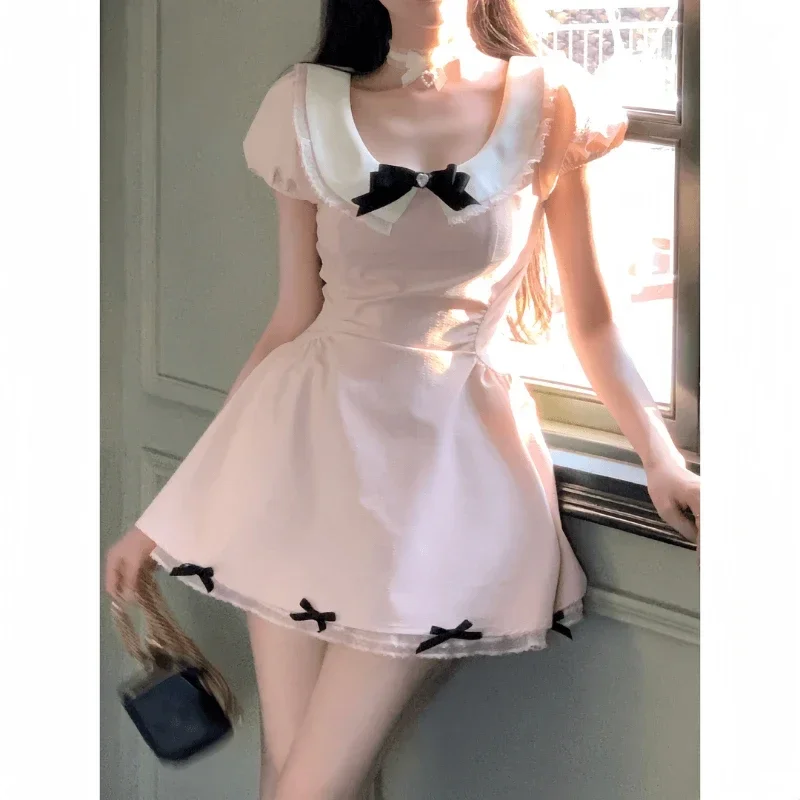 Elegant Short Sleeve Kawaii Mini Dress Women Casual 2000s Vintage Y2k Clothing Japanese Sweet Pink Dress Evening Party Chic