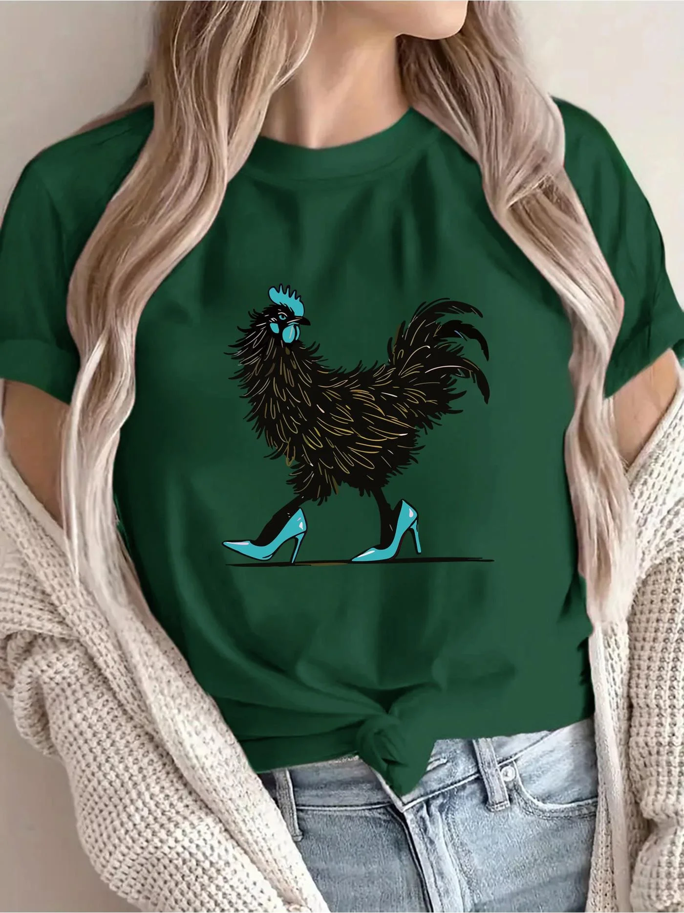 Hen Shoes Creative Pattern Printed T-shirt for Women's Leisure Vacation Short Sleeve Round Neck Spring/Summer Outable Top