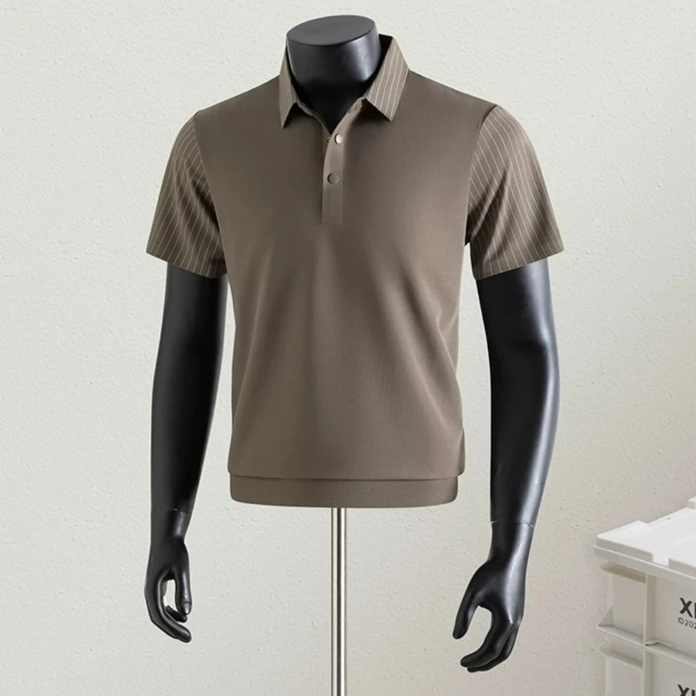 2026 Summer Stretch Seamless Striped Polo Shirts Men's Short Sleeved Business Casual T-shirt Fashion Cool Sports Golf Tee Top