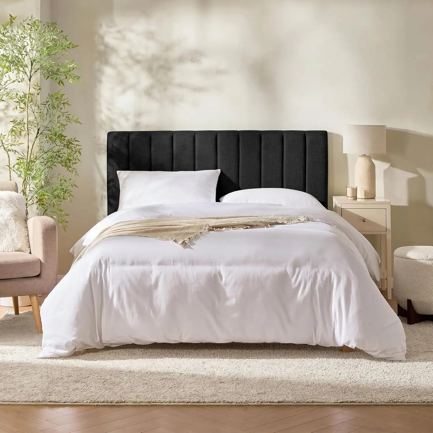 Full Size Upholstered Headboard, Wall Mounted Floating Headboards with Channel Stitching, Peel & Stick 3D Soundproof Wall Panels, Easy to Assemble, Black