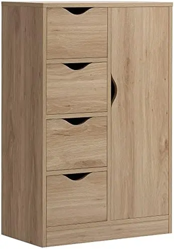 

Freestanding Cabinet, Bathroom Floor Cabinet with 4 Drawers and Cupboard, Oak Bathroom mirror Mueble inodoro Toilet organizer