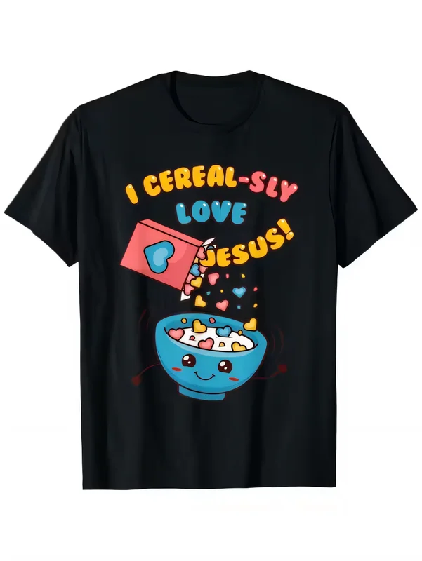 Funny I Cereal-Sly Love Jesus Kawaii Cereal Bowl Graphic Print Black Short Sleeve Cotton T-shirt for Men Women Cool Religious Faith Tee
