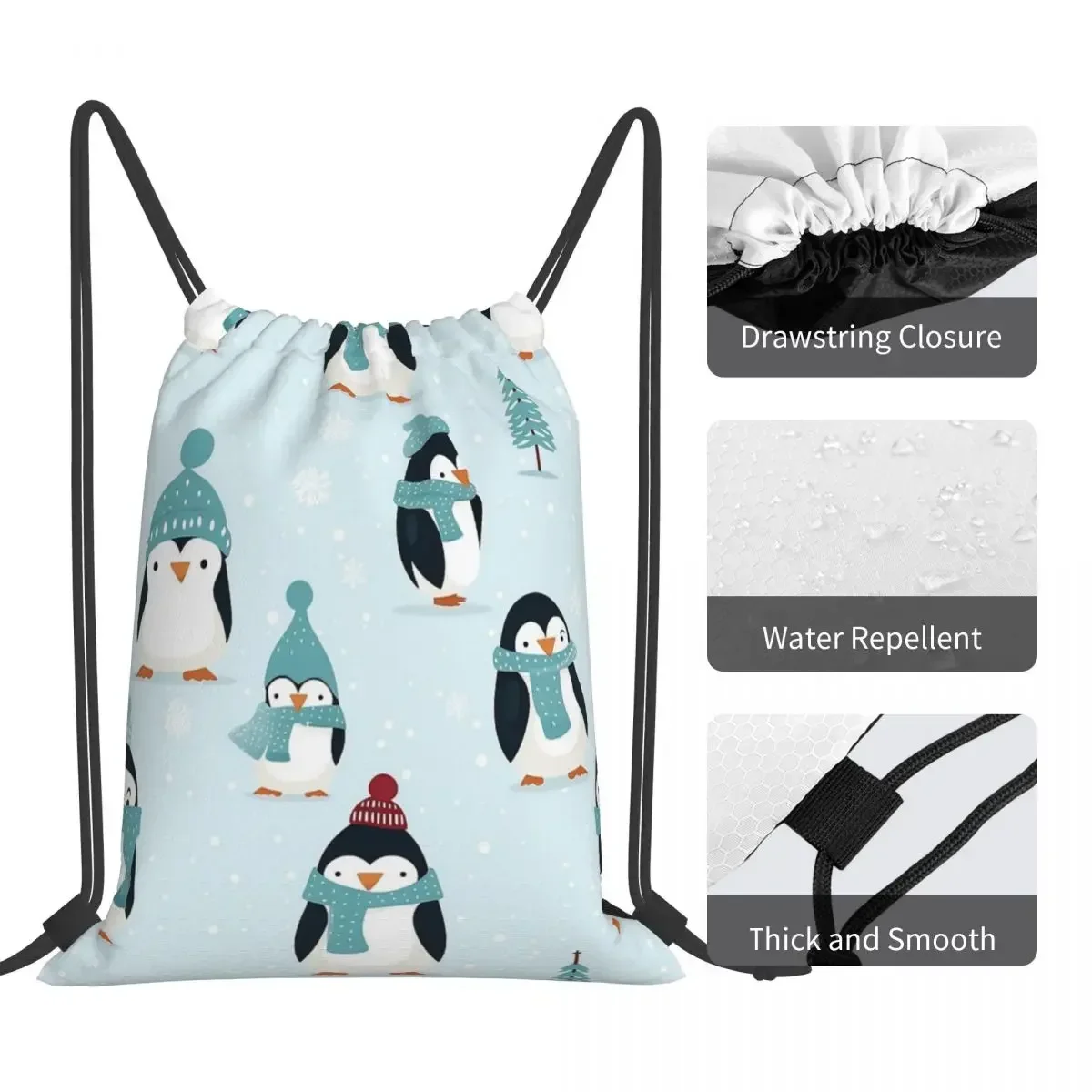 Cute Penguin Pattern Backpacks Casual Portable Drawstring Bags Drawstring Bundle Pocket Storage Bag Book Bags For Travel School