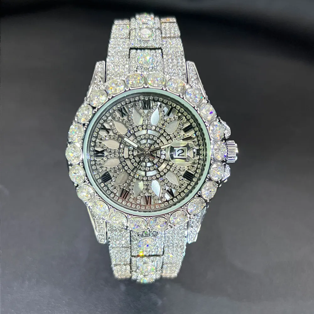 MISSFOX Fashion Lced Out Silver Mens Watch Luxury Calendar Waterproof Watch For Man Hip Hop High Quality Big Diamond Wristwatch