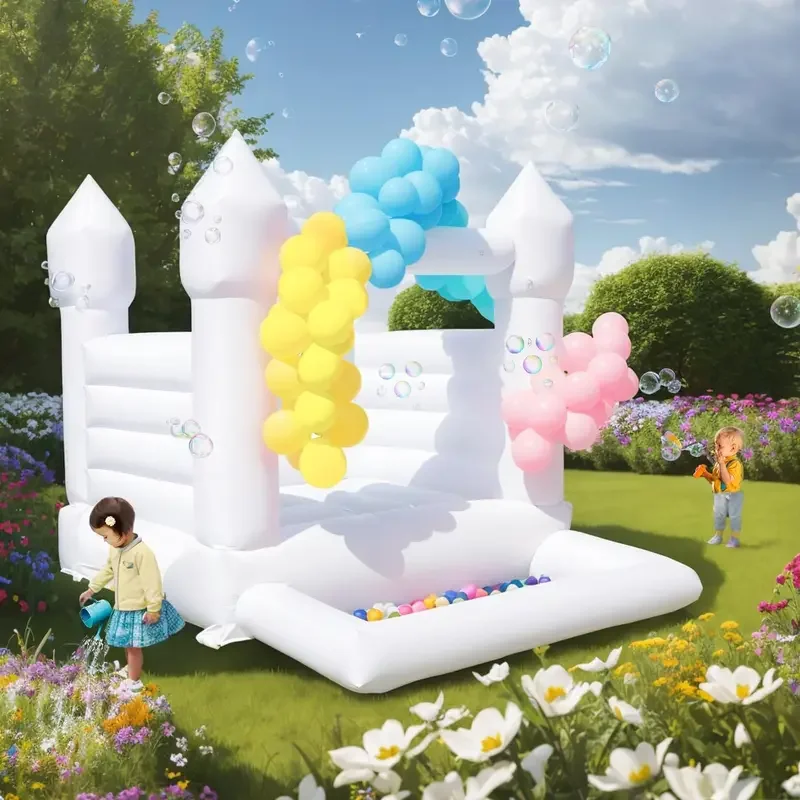 White Bounce House Castle with Ball Pit Commercial Grade PVC Toddler Bounce House Inflatable Small Bounce House with Blower