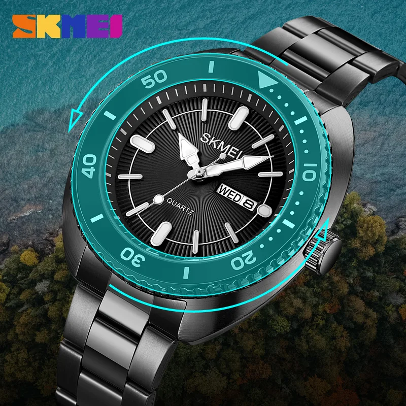 SKMEI Luxury Stainless Steel Watches Mens Casual Time Date Week Quartz Wristwatch For Male 3Bar Waterproof Alarm reloj hombre