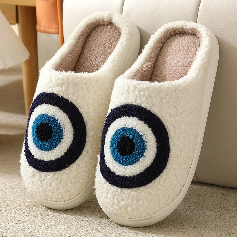 

Autumn Winter Fulffy Fur Slippers Plush Fleece Flat Blue Eye Slippers Sweet Thick Soled Indoor Cotton Slippers For Couple Shoes
