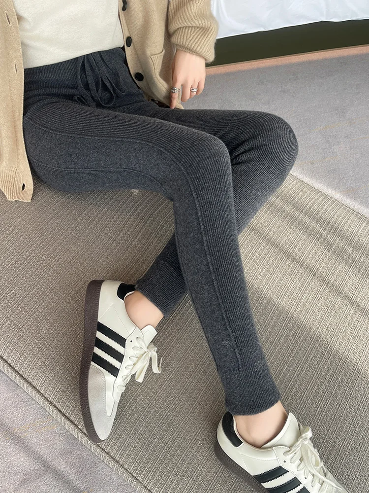 Women's Yoga Leggings Autumn Winter Stretchy Tights Pants 100% Cashmere Pencil Pants Warm Leggings Slim Knit Lace-up Bottom Wear