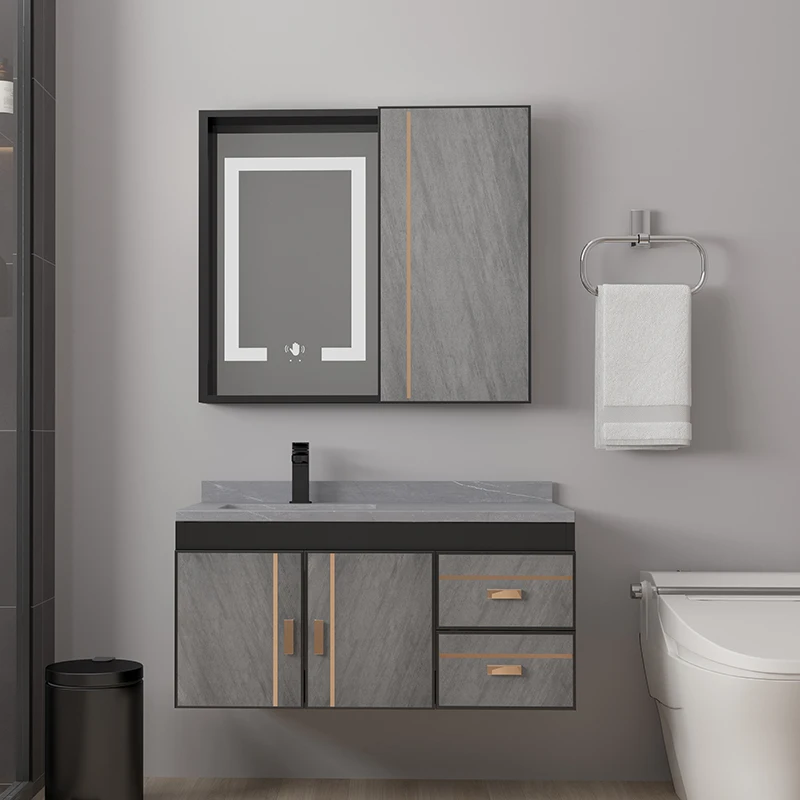 Gold Handle Sintered Stone Vanity Top Ceramic Wash Basin Wall Hanging Bathroom Smart Mirror Cabinetspromote sales