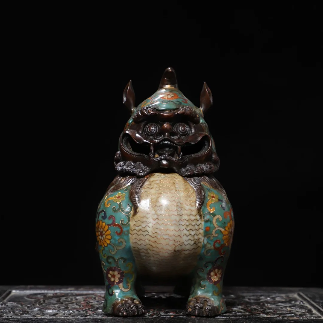

9"Old Bronze Cloisonne Enamel floral pattern Unicorn Statue Divine Beast Incense Burner Amass wealth Ornaments