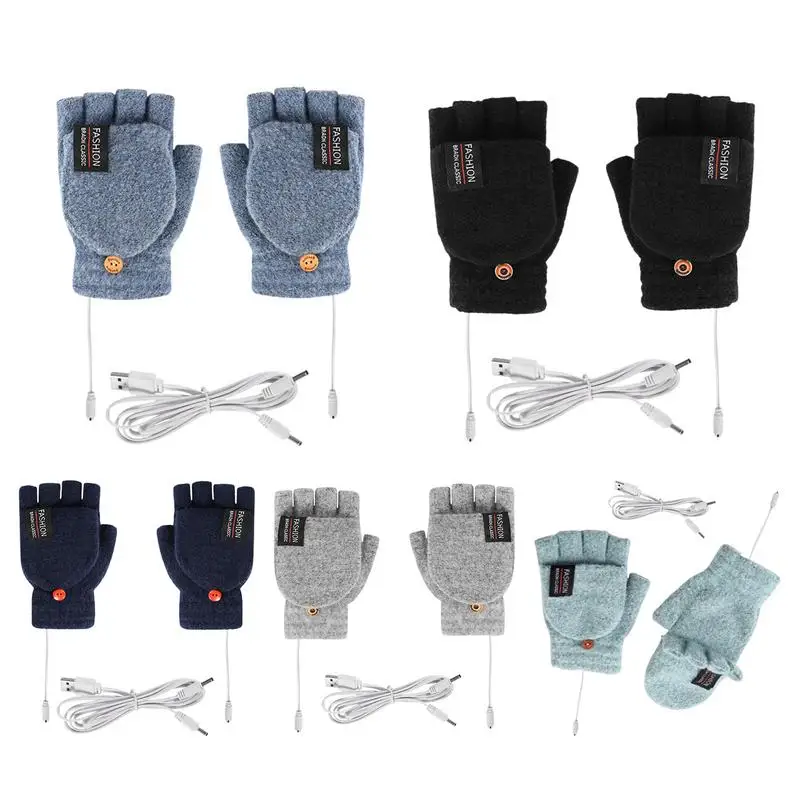 USB Charging Heated Mittens Full Half Finger USB Heated Gloves Typing Washable Full Finger Fingerless Electric Knitting Hand