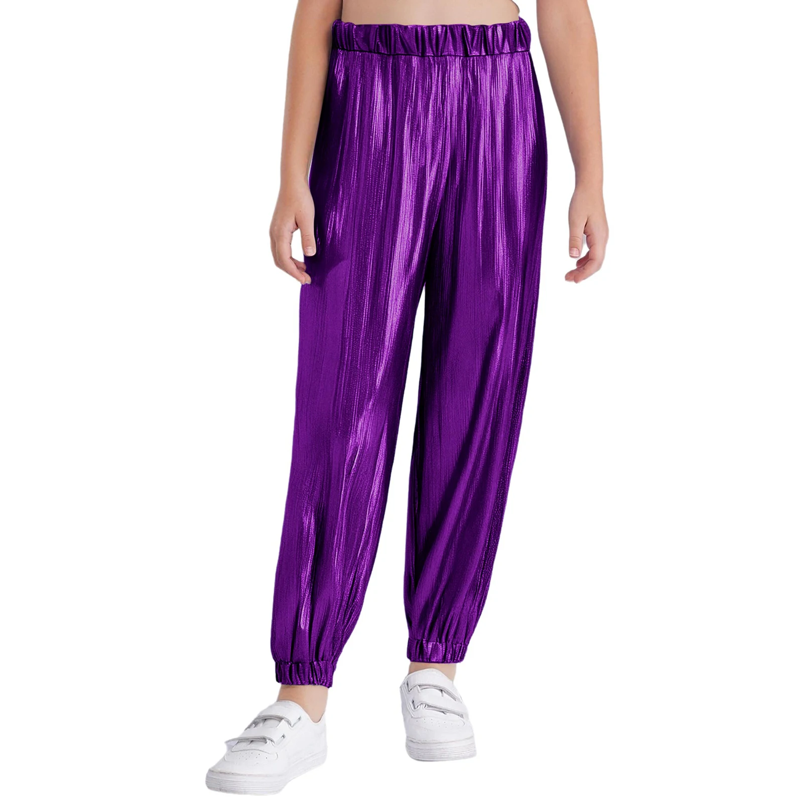 

Children Girls Ribbed Harem Pants Shiny Metallic Long Boys Punk Pants Kid Trousers Leggings Jazz Dance Stage Performance Costume