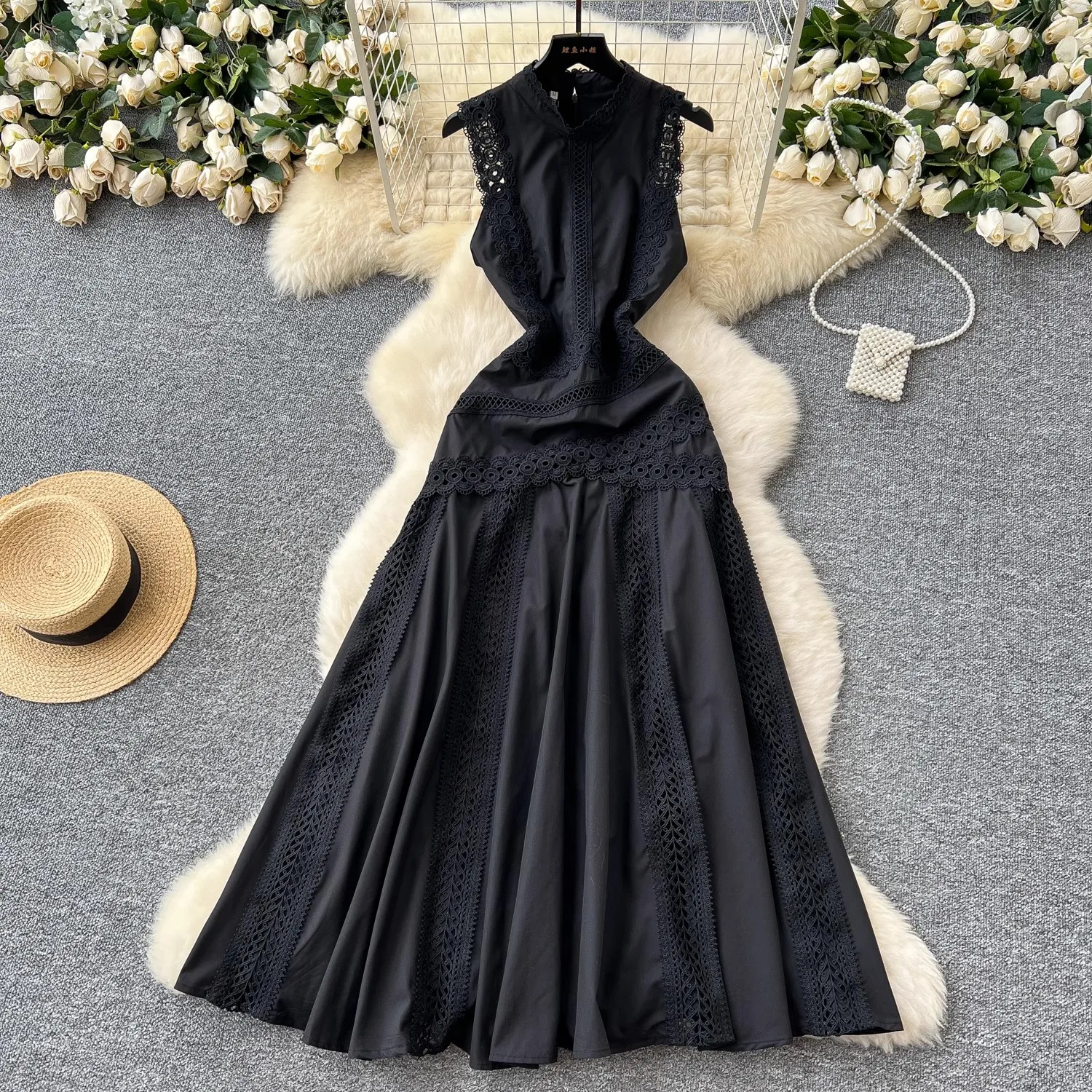 Luxe évider fleur broderie Robe formelle pour les femmes été sans manches vacances dentelle bal soirée longue Robe robes