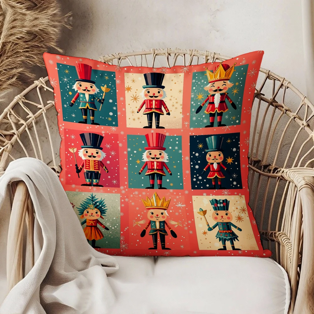 Square Throw Pillow Cover Red Vintage Nutcracker Soldier Pattern Decorative Cushion Case For Christmas Home Sofa Bedroom Living