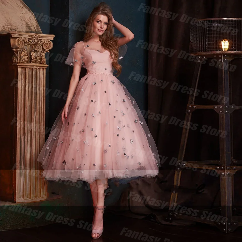 

Fantasy Dress Sweet Pink Tulle Bee Pattern Fluffy Long Prom Dresses A-line Short Sleeve V-Neck Evening Dresses Party Gowns