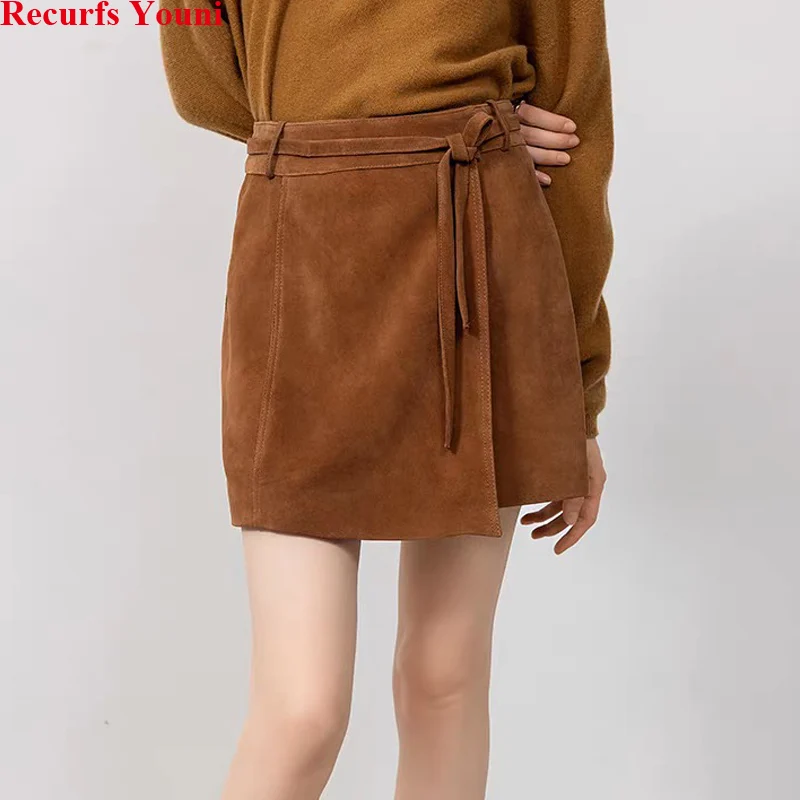 

Женская модная нерегулярная овечья замшевая юбка, женская трапециевидная юбка трапециевидной формы с высокой талией из натуральной кожи, короткая карамельная шикарная женская одежда