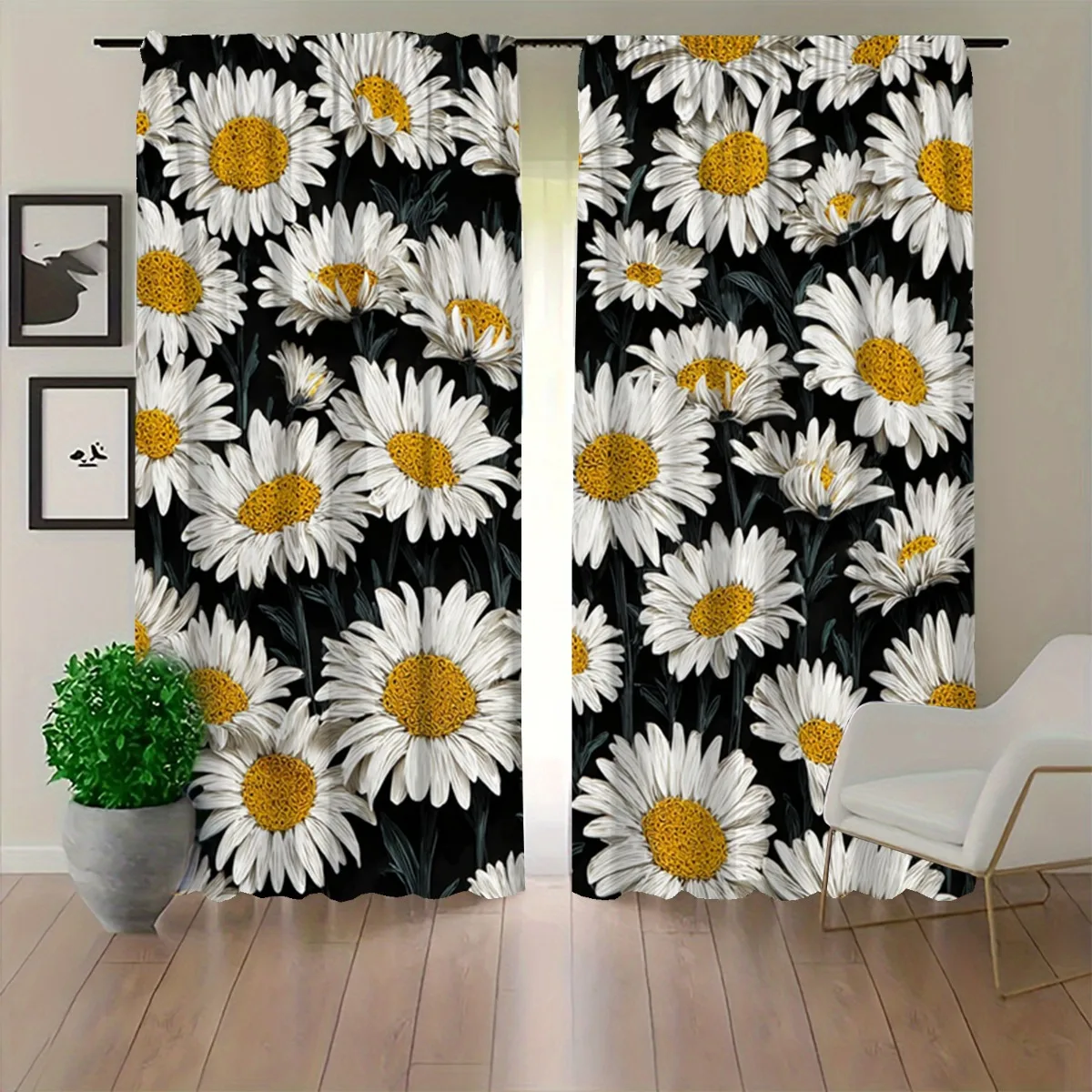 Black Background White Daisy Blackout Rod Pocket Curtain Yellow Core Floral Decor Minimalist Homestay Bedroom Rest Bay Window