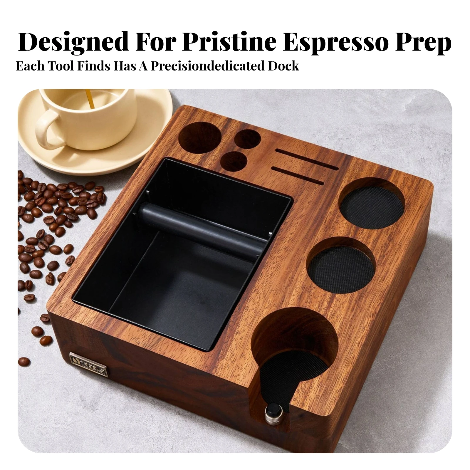 Tamping Station with Insert Tray Walnut Wood Espresso Tamping Stand Coffee Tamper Holder Space-Saving for Baristas