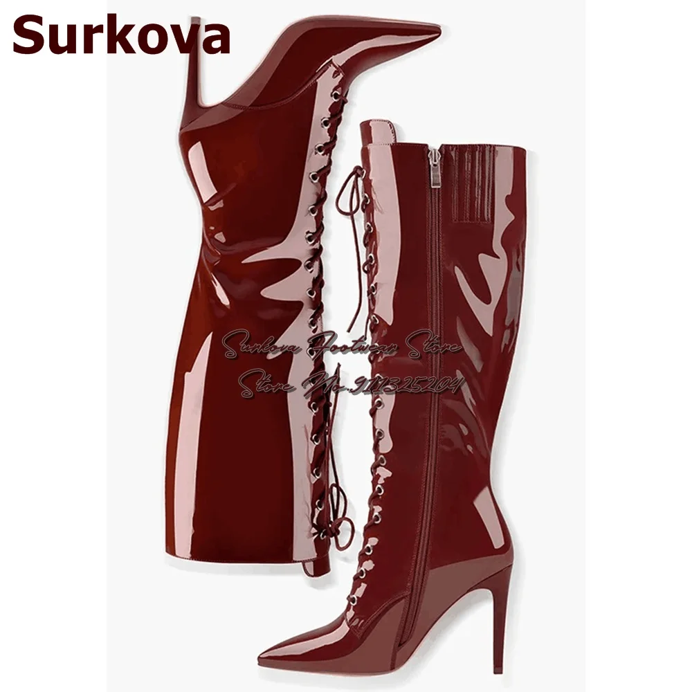 

Surkova Wine Red Black Patent Leather Knee High Boots Stiletto Heels Pointed Toe Lace-Up Tall Boots Zipped Long Dress Shoes US14