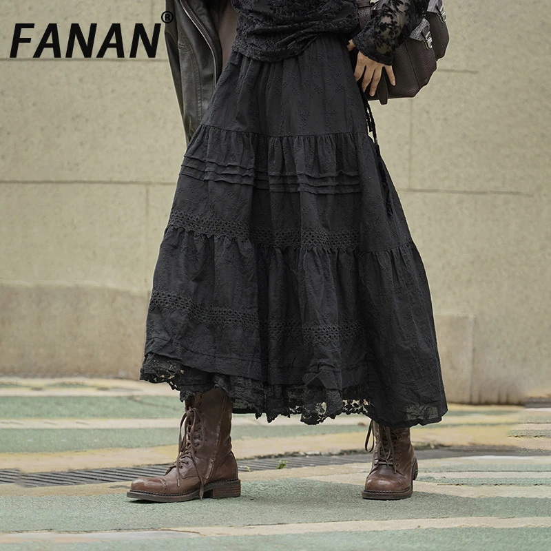 

FANAN кружевные дизайнерские юбки для женщин, эластичная юбка трапециевидной формы с высокой талией средней длины, офисная женская черная юбка, модная новинка осени 2023 г.