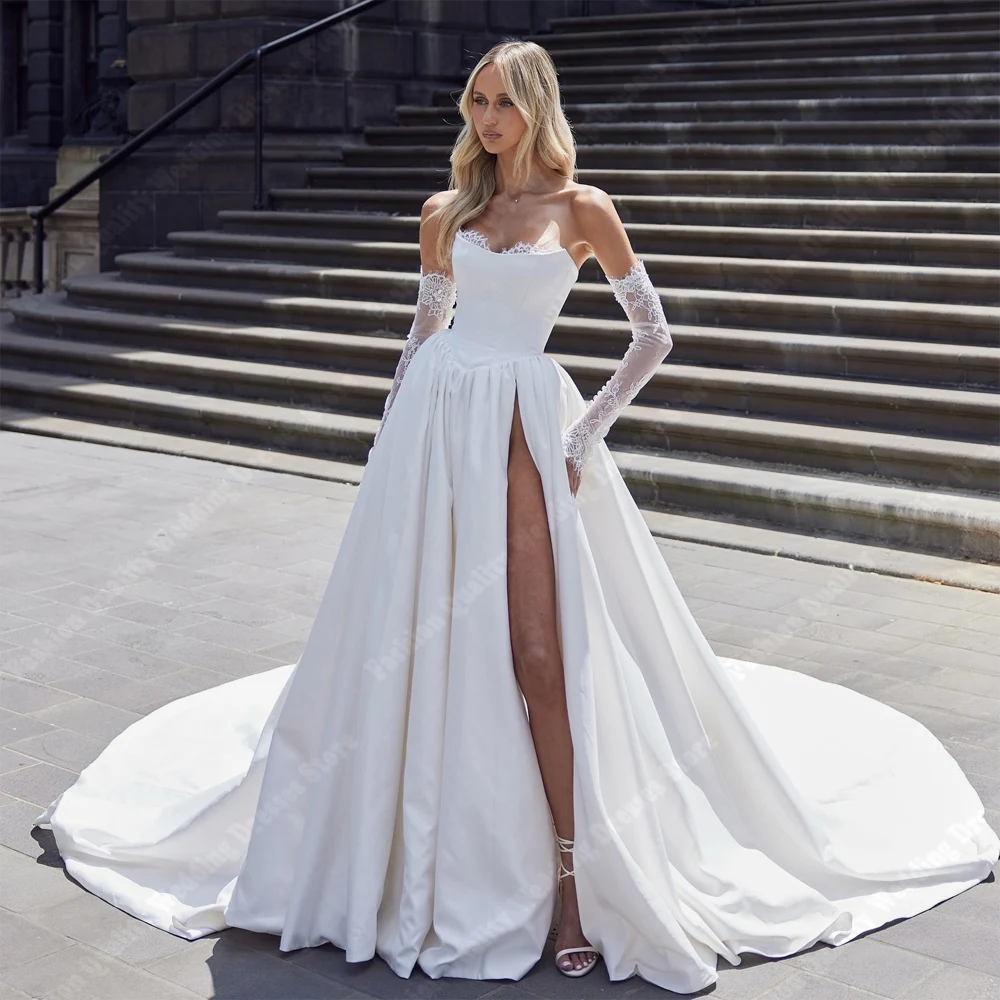 

2025 Simple Satin Women Wedding Dresses Off The Shoulder Backless Formal Sleeveless Floor Mopping Vestidos De Novias Customized