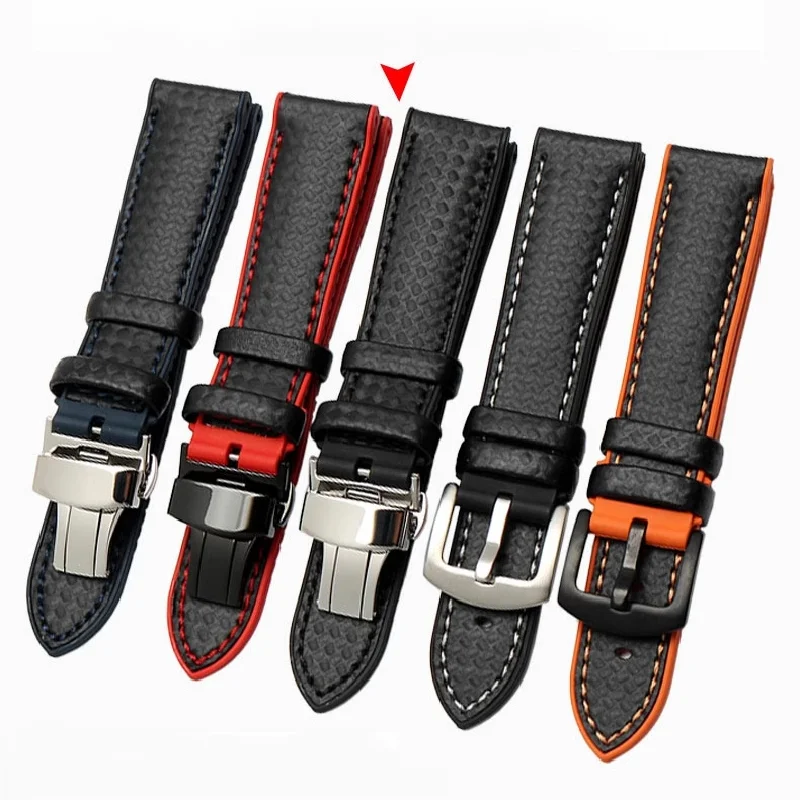 For Seiko tudor Tag Heuer Men's waterproof watchband Silicone rubber carbon fiber leather watch strap Red blue orange bracelet