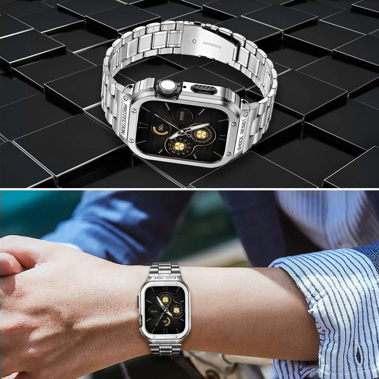 Correa de Metal de lujo + funda para Apple Watch Band 44mm 45mm pulsera de acero inoxidable de tres cuentas para Iwatch Series 9 8 7 6 5 4 SE