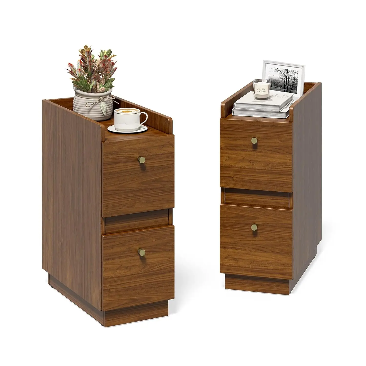 Narrow Night Stands, Modern Slim Nightstand Set of 2, Wooden Skinny Bedside Table 2 Drawers, Stackable Narrow Side, Customized
