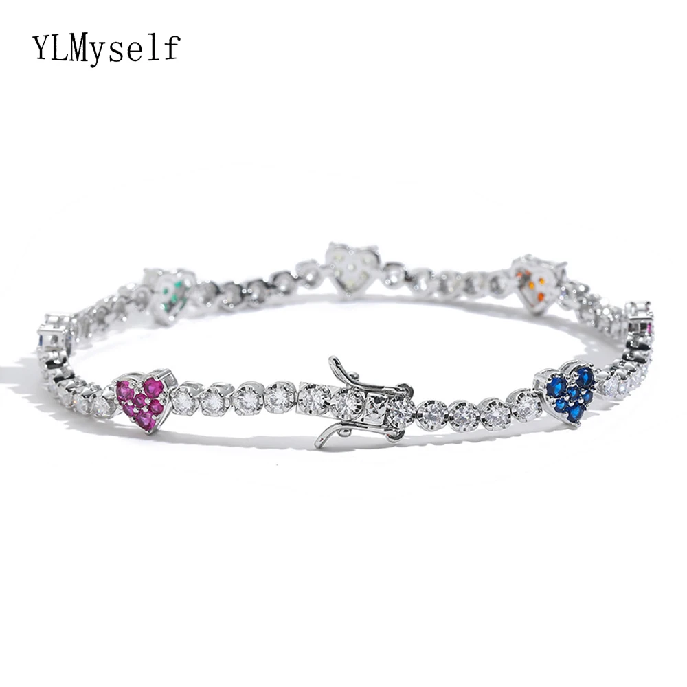 Brass 7/8Inch Tennis Bracelet Pave 1.5+2.5mm White/Colorful Cubic Zircon Heart Design Lovely Chain Jewelry For Women