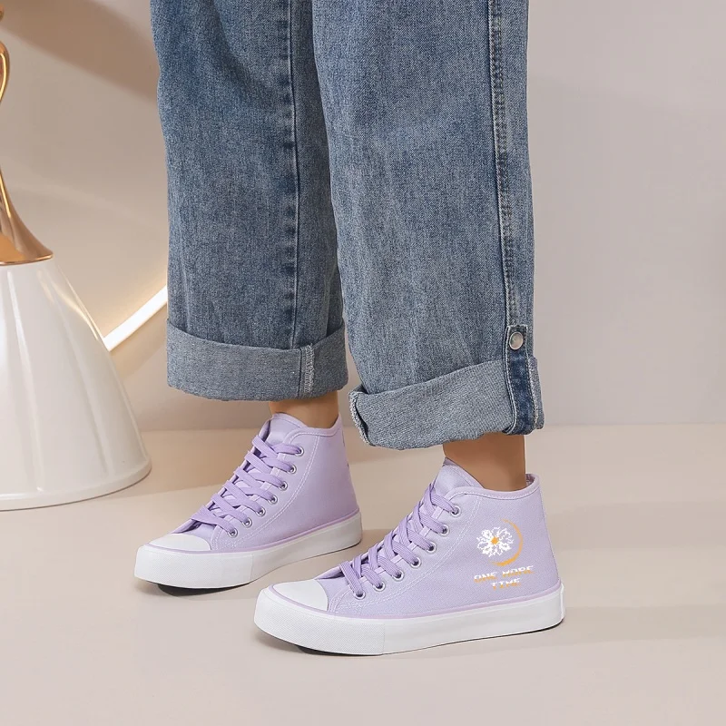 

Women's Light Purple High-Top Canvas Sneakers: Lace-Up Flat with Daisy Embroidery. Casual for Daily, Dating & Campus.